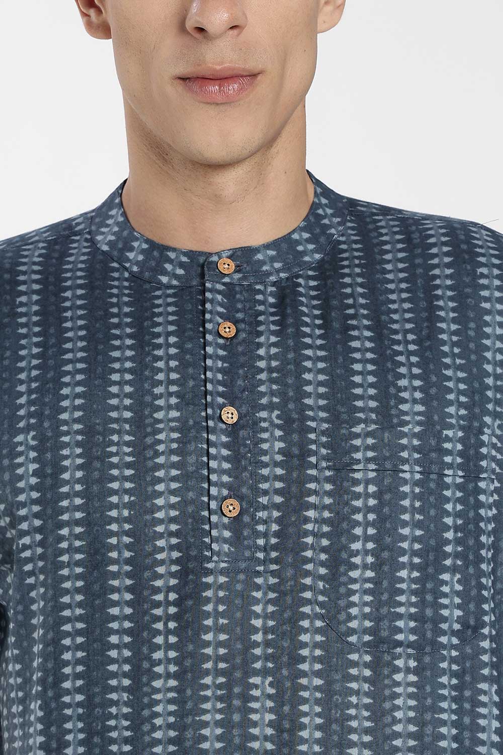 Enhance Men’s Cotton Short Kurta – Printed Casual Kurta with Mandarin Collar & Pocket | Everyday Wear Kurtha - Blue - KU09