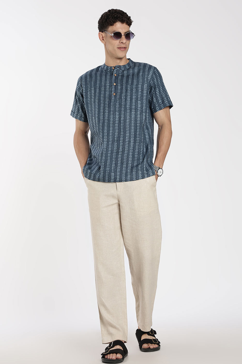 Enhance Men’s Cotton Short Kurta – Printed Casual Kurta with Mandarin Collar & Pocket | Everyday Wear Kurtha - Blue - KU09