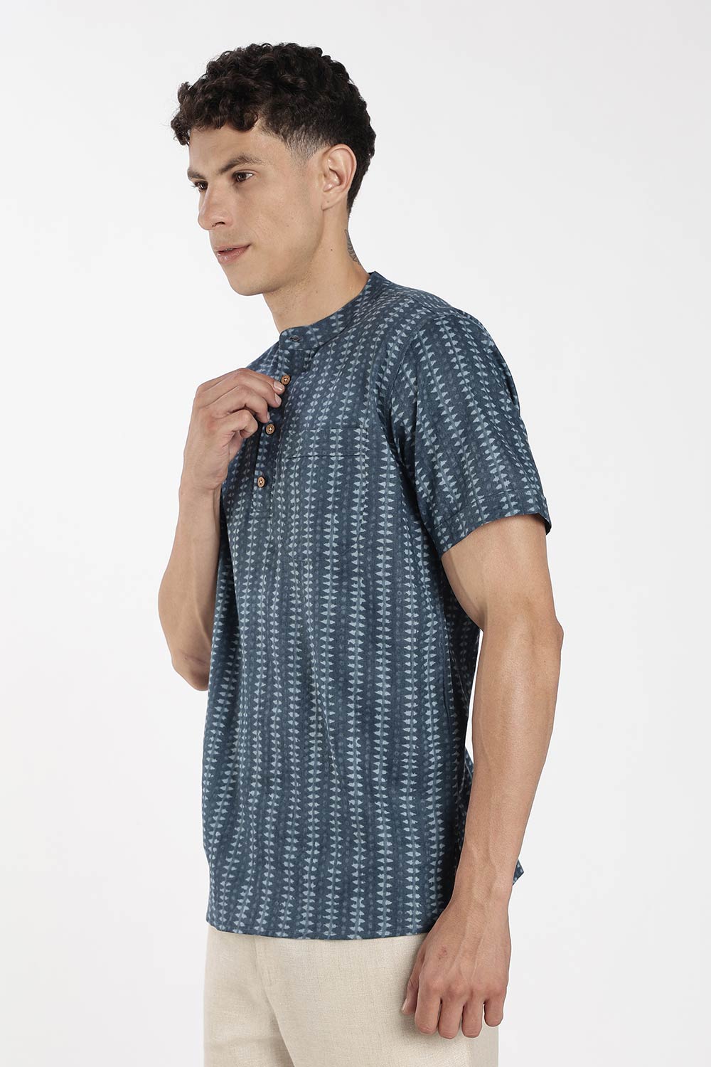Enhance Men’s Cotton Short Kurta – Printed Casual Kurta with Mandarin Collar & Pocket | Everyday Wear Kurtha - Blue - KU09