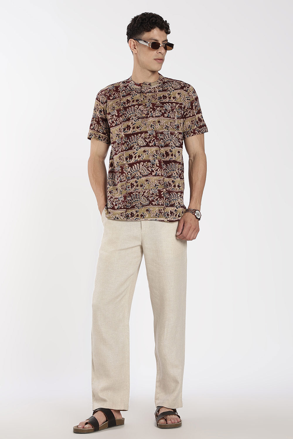 Enhance Men’s Cotton Short Kurta – Printed Casual Kurta with Mandarin Collar & Pocket | Everyday Wear Kurtha - Maroon - P8KU09