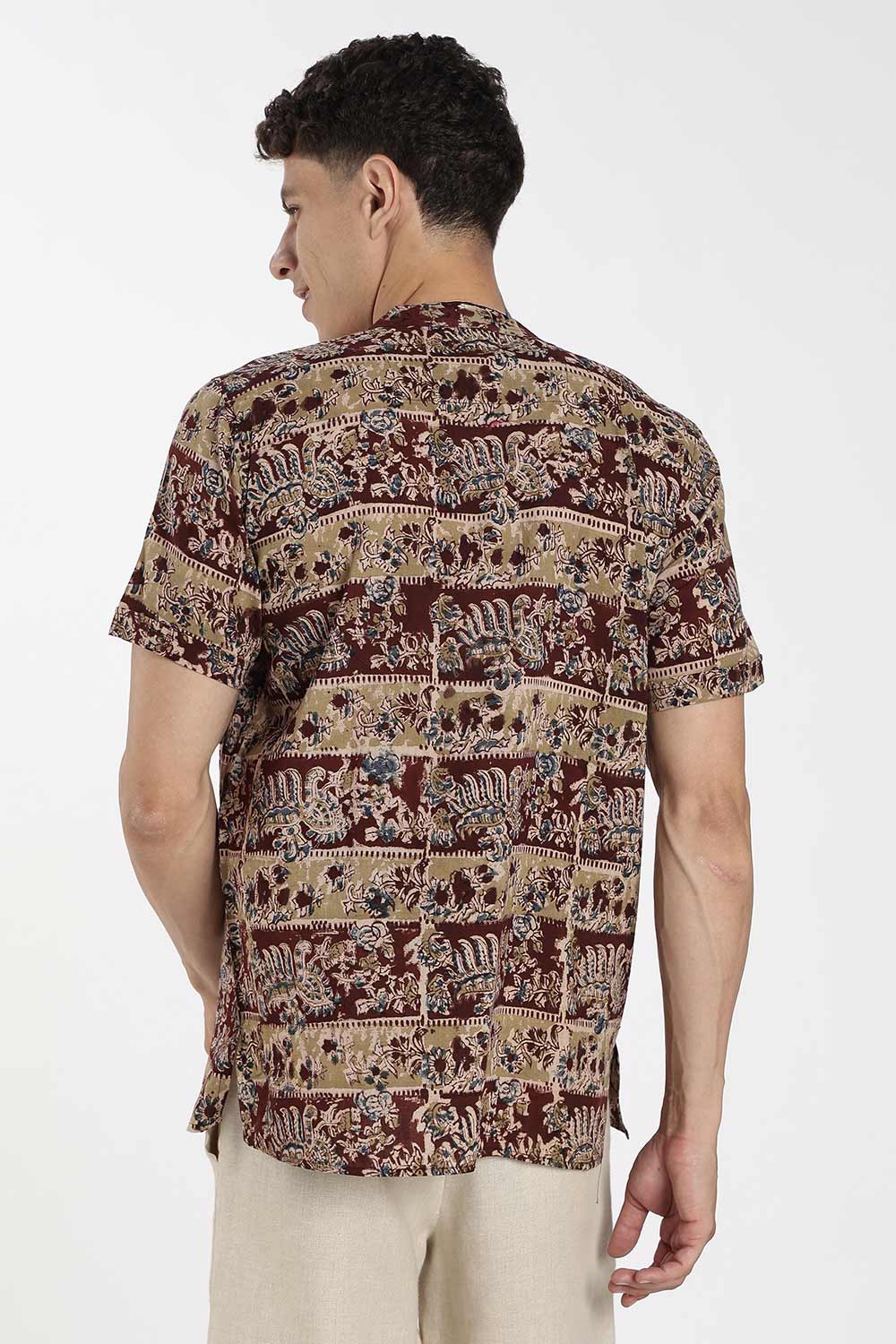 Enhance Men’s Cotton Short Kurta – Printed Casual Kurta with Mandarin Collar & Pocket | Everyday Wear Kurtha - Maroon - P8KU09