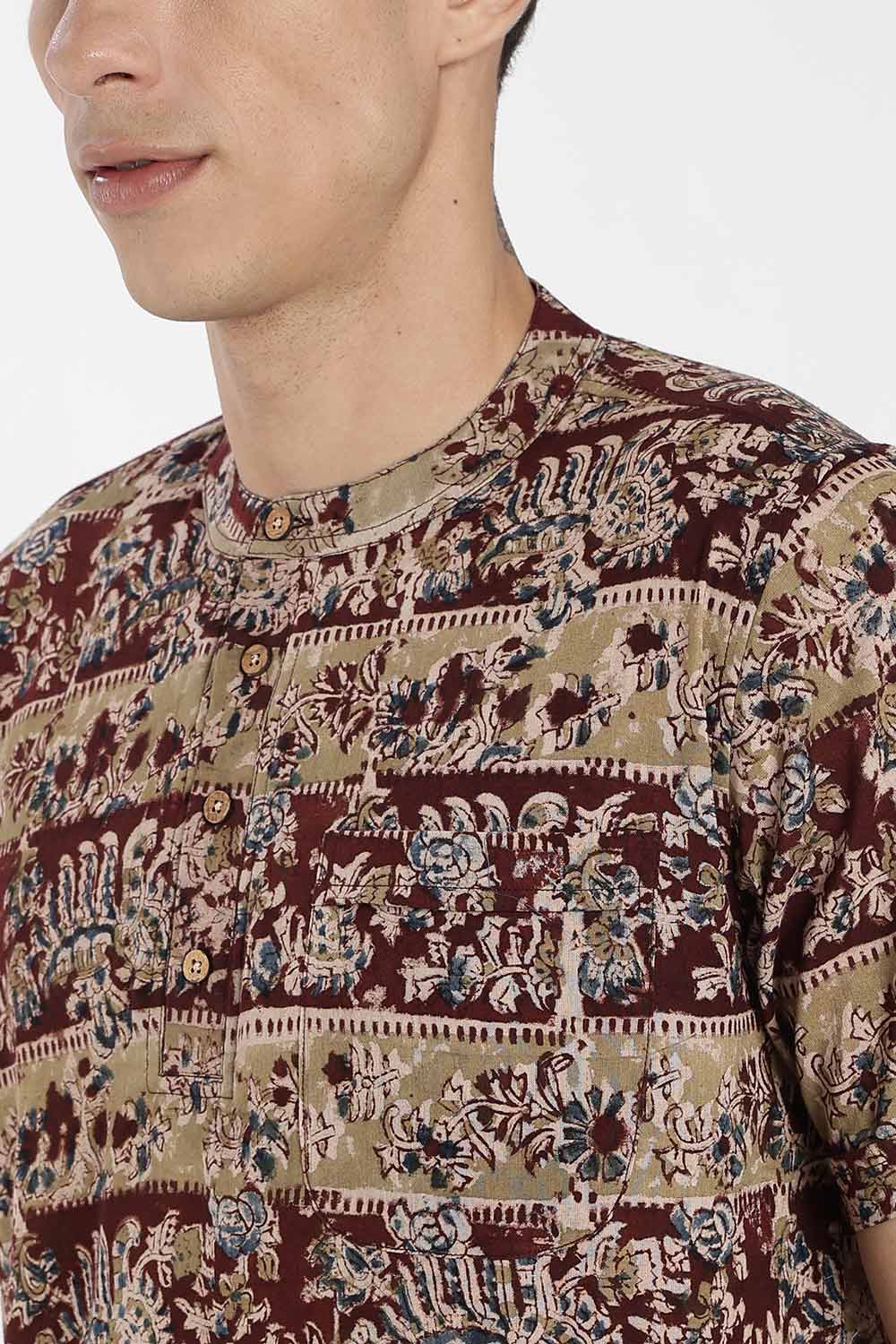 Enhance Men’s Cotton Short Kurta – Printed Casual Kurta with Mandarin Collar & Pocket | Everyday Wear Kurtha - Maroon - P8KU09