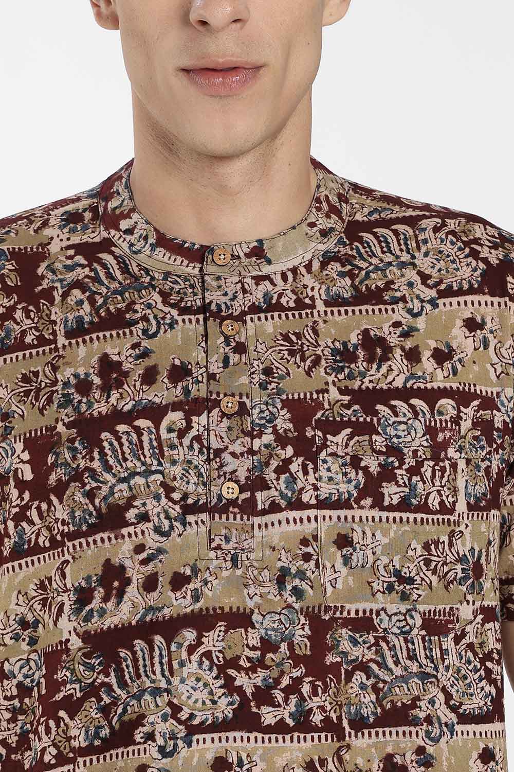 Enhance Men’s Cotton Short Kurta – Printed Casual Kurta with Mandarin Collar & Pocket | Everyday Wear Kurtha - Maroon - P8KU09