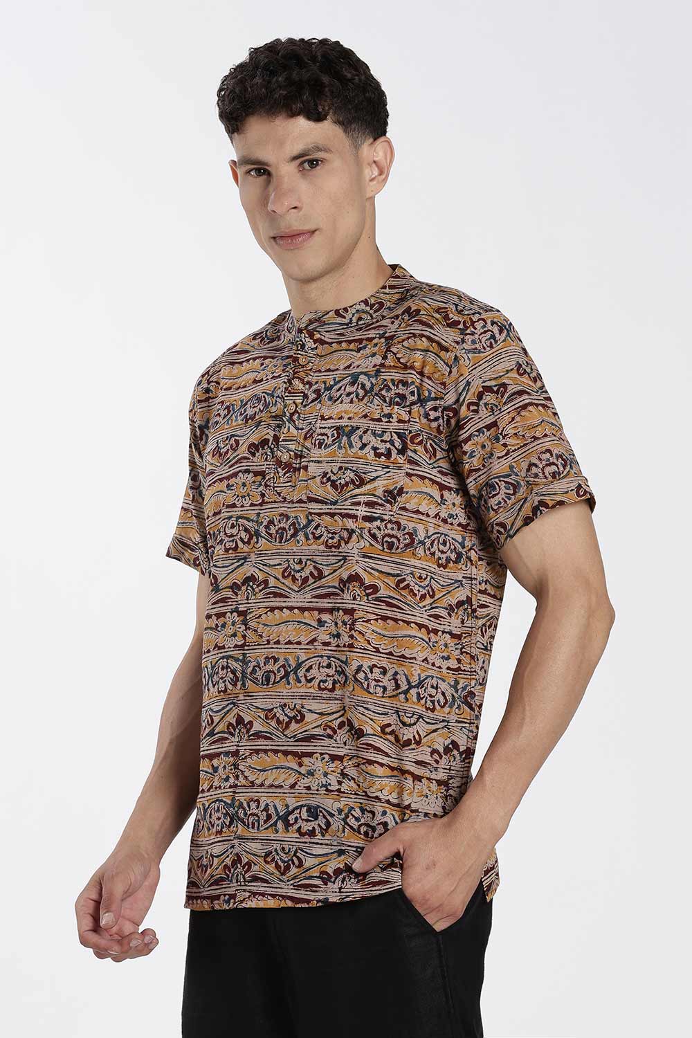 Enhance Men’s Cotton Short Kurta – Printed Casual Kurta with Mandarin Collar & Pocket | Everyday Wear Kurtha - Maroon - KU09