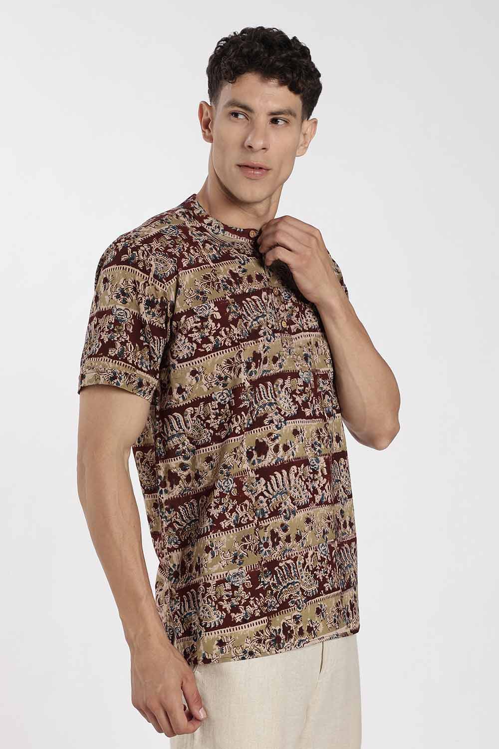 Enhance Men’s Cotton Short Kurta – Printed Casual Kurta with Mandarin Collar & Pocket | Everyday Wear Kurtha - Maroon - P8KU09