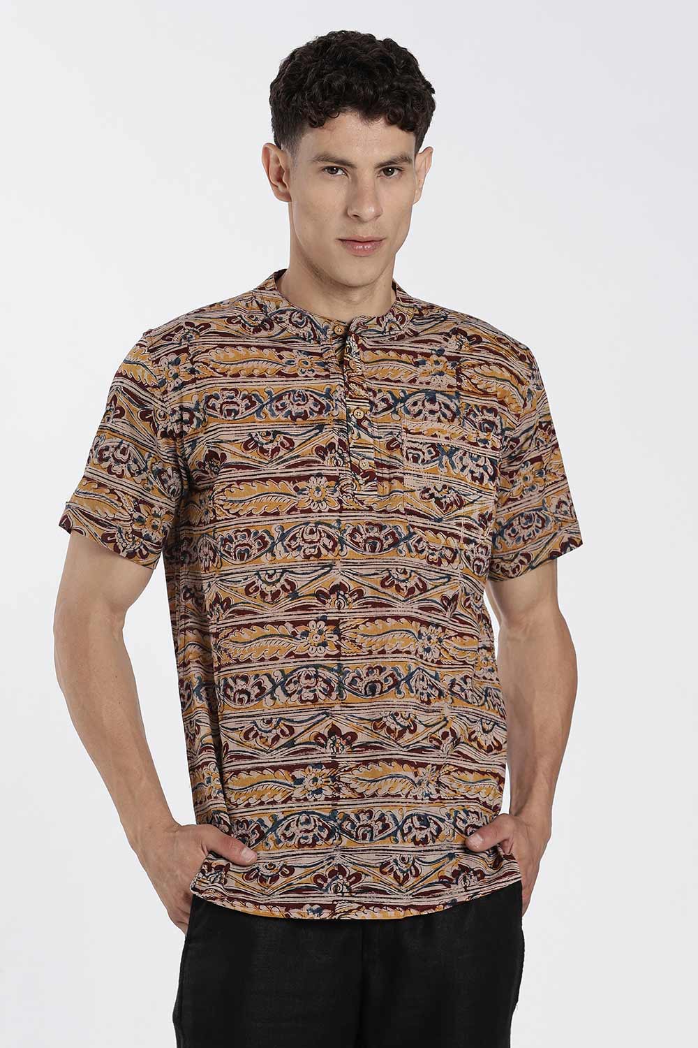 Enhance Men’s Cotton Short Kurta – Printed Casual Kurta with Mandarin Collar & Pocket | Everyday Wear Kurtha - Maroon - KU09