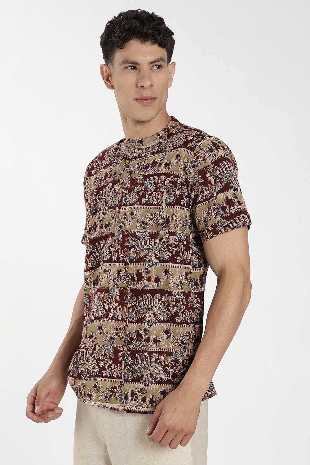 Enhance Men’s Cotton Short Kurta – Printed Casual Kurta with Mandarin Collar & Pocket | Everyday Wear Kurtha - Maroon - P8KU09