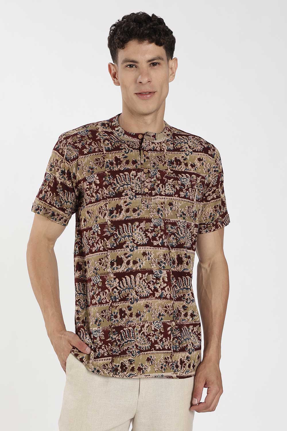Enhance Men’s Cotton Short Kurta – Printed Casual Kurta with Mandarin Collar & Pocket | Everyday Wear Kurtha - Maroon - P8KU09
