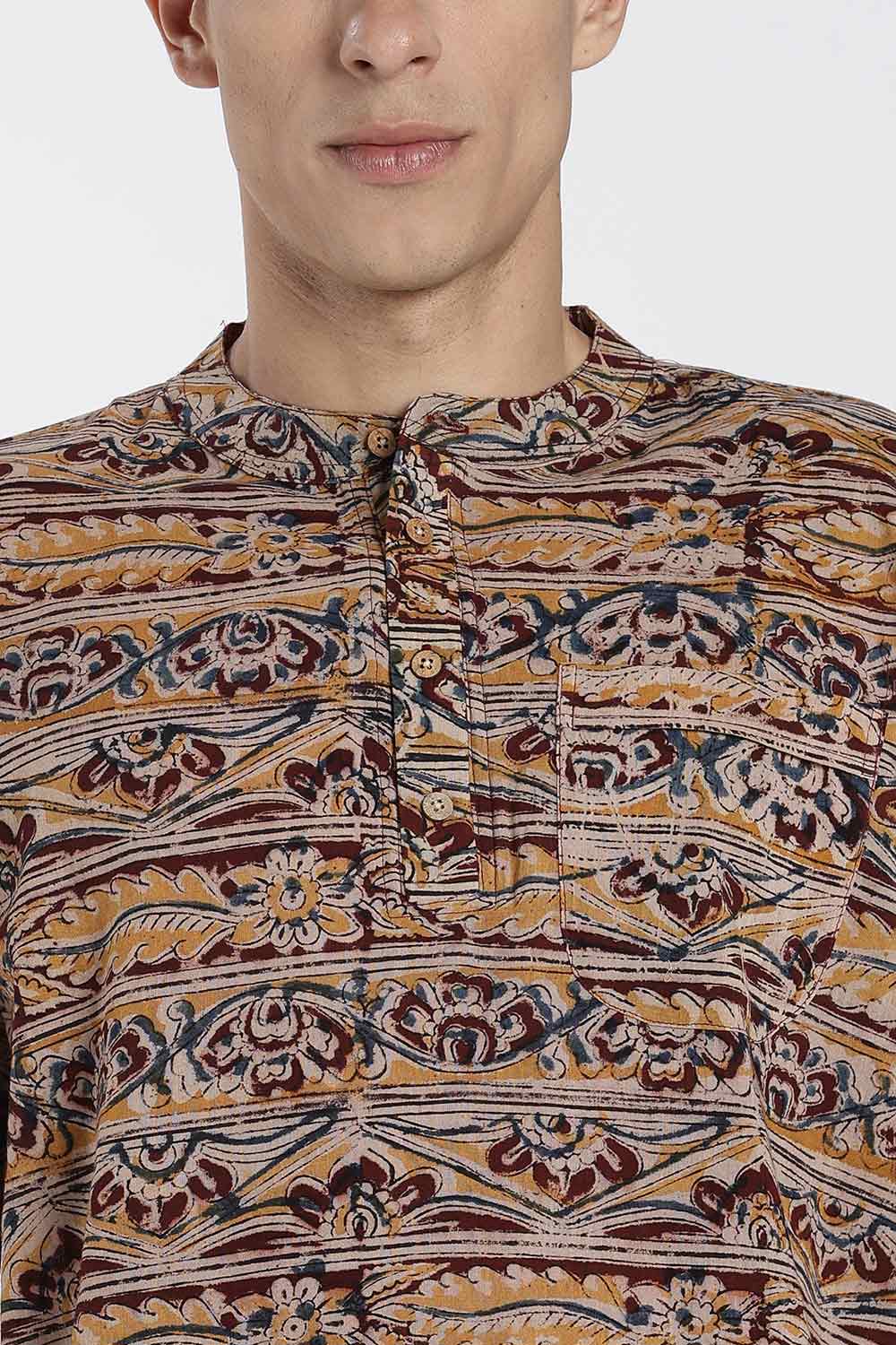 Enhance Men’s Cotton Short Kurta – Printed Casual Kurta with Mandarin Collar & Pocket | Everyday Wear Kurtha - Maroon - KU09