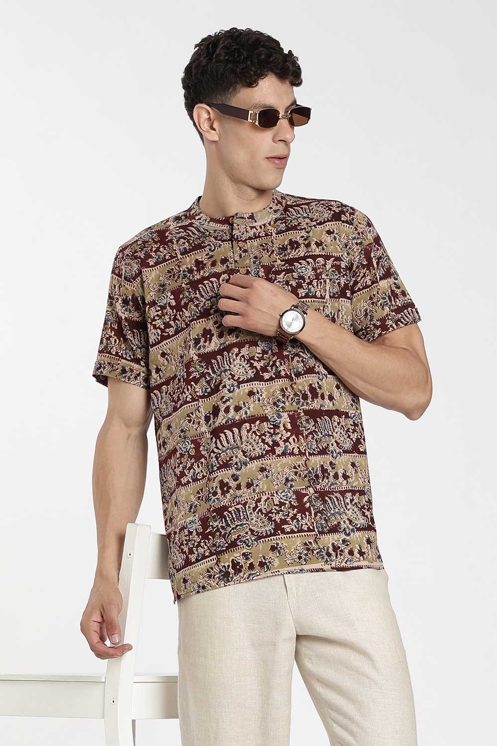 Enhance Men’s Cotton Short Kurta – Printed Casual Kurta with Mandarin Collar & Pocket | Everyday Wear Kurtha - Maroon - P8KU09