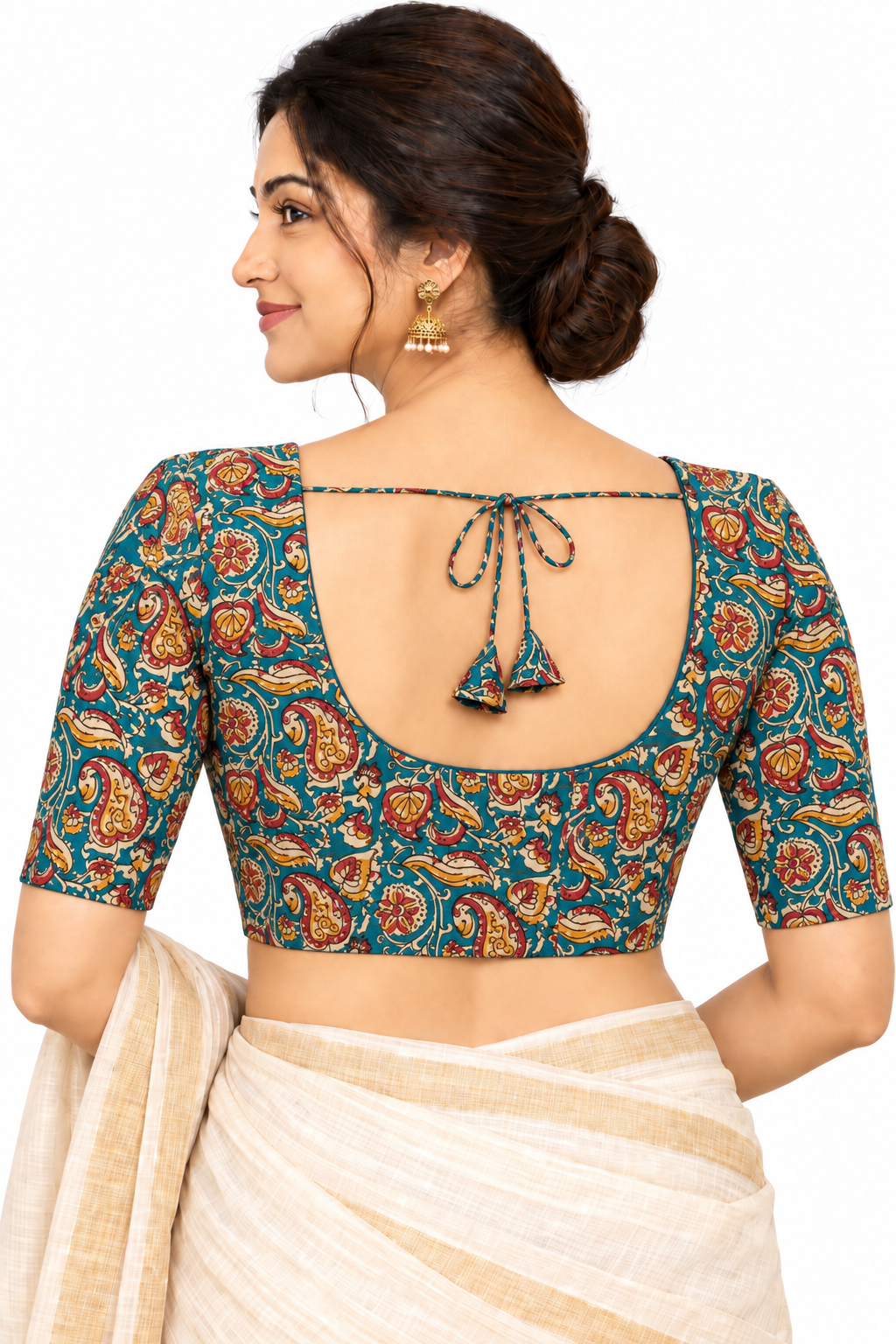 Women's Prints Cotton Blend Saree Blouse with Round Neck, Elbow Sleeve and Regular Fit | Ready-to-Wear Saree Blouse for Daily Wear & Festive Wear - 144D