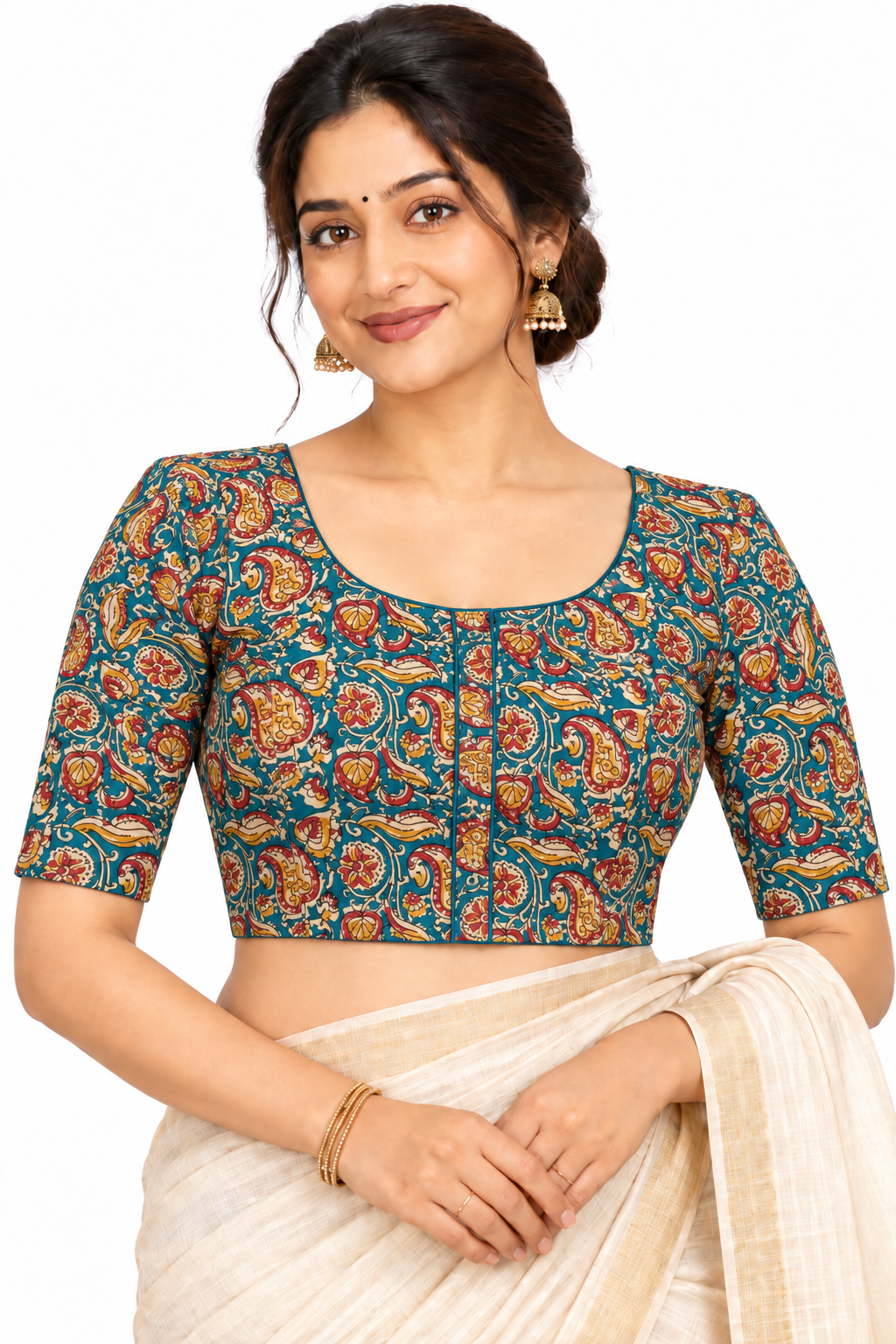 Women's Prints Cotton Blend Saree Blouse with Round Neck, Elbow Sleeve and Regular Fit | Ready-to-Wear Saree Blouse for Daily Wear & Festive Wear - 144D