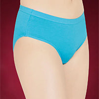 Plain turquoise panties shown on a model