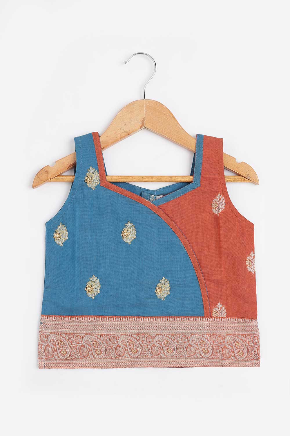 Chittythalli Girls Chanderi Pavadai Set – Asymmetrical Embroidered Top with Knife Pleated Skirt | Traditional Ethnic Wear for Girls - PS11