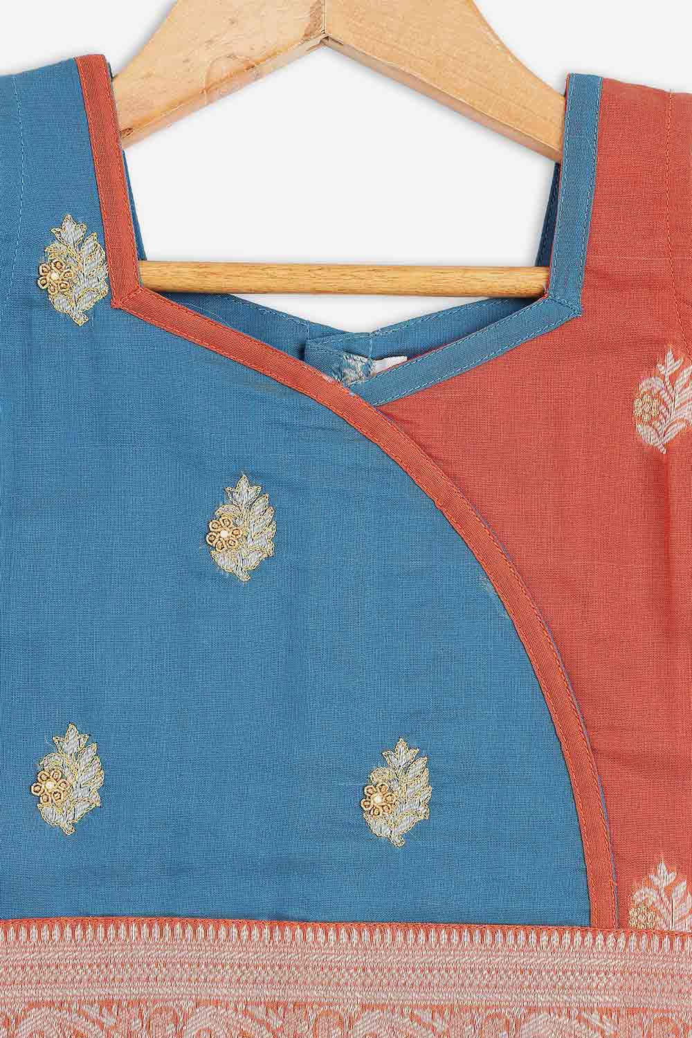 Chittythalli Girls Chanderi Pavadai Set – Asymmetrical Embroidered Top with Knife Pleated Skirt | Traditional Ethnic Wear for Girls - PS11