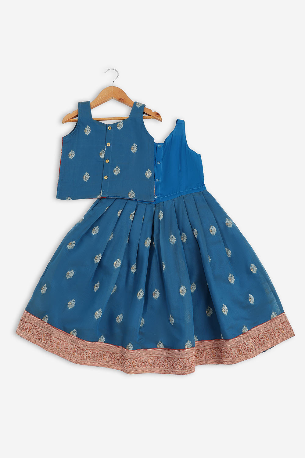 Chittythalli Girls Chanderi Pavadai Set – Asymmetrical Embroidered Top with Knife Pleated Skirt | Traditional Ethnic Wear for Girls - PS11