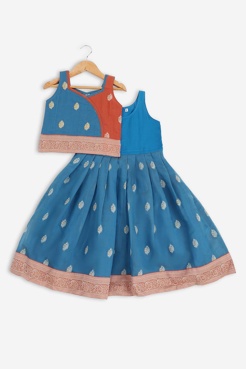 Chittythalli Girls Chanderi Pavadai Set – Asymmetrical Embroidered Top with Knife Pleated Skirt | Traditional Ethnic Wear for Girls - PS11