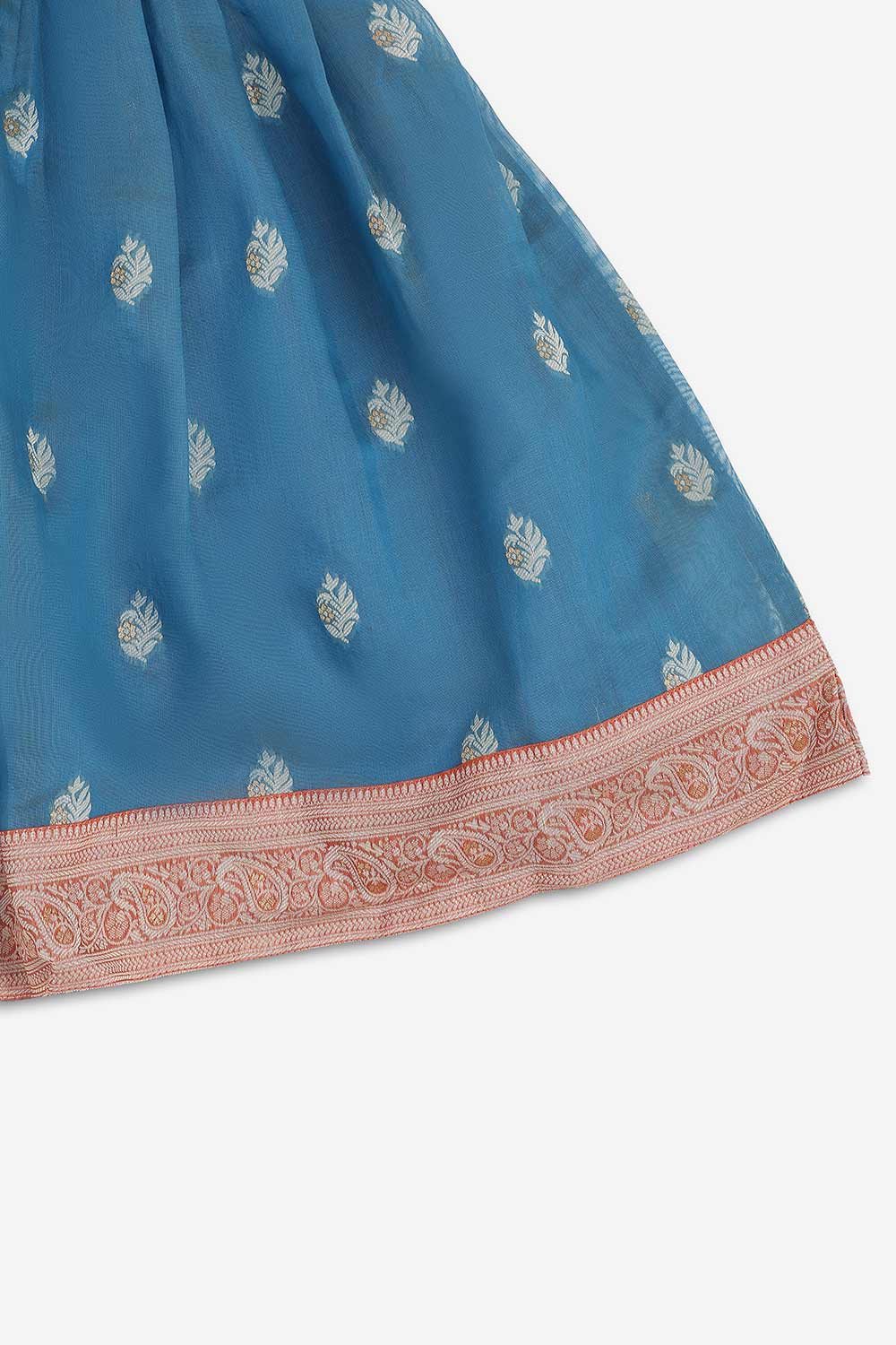 Chittythalli Girls Chanderi Pavadai Set – Asymmetrical Embroidered Top with Knife Pleated Skirt | Traditional Ethnic Wear for Girls - PS11