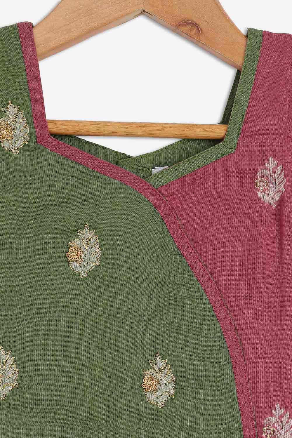 Chittythalli Girls Chanderi Pavadai Set – Asymmetrical Embroidered Top with Knife Pleated Skirt | Traditional Ethnic Wear for Girls - PS11