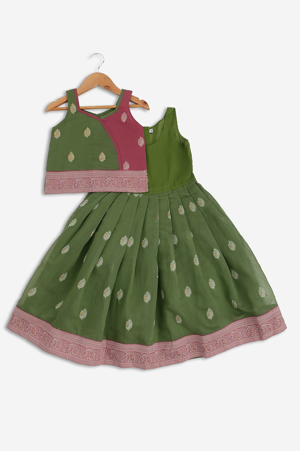 Chittythalli Girls Chanderi Pavadai Set – Asymmetrical Embroidered Top with Knife Pleated Skirt | Traditional Ethnic Wear for Girls - PS11