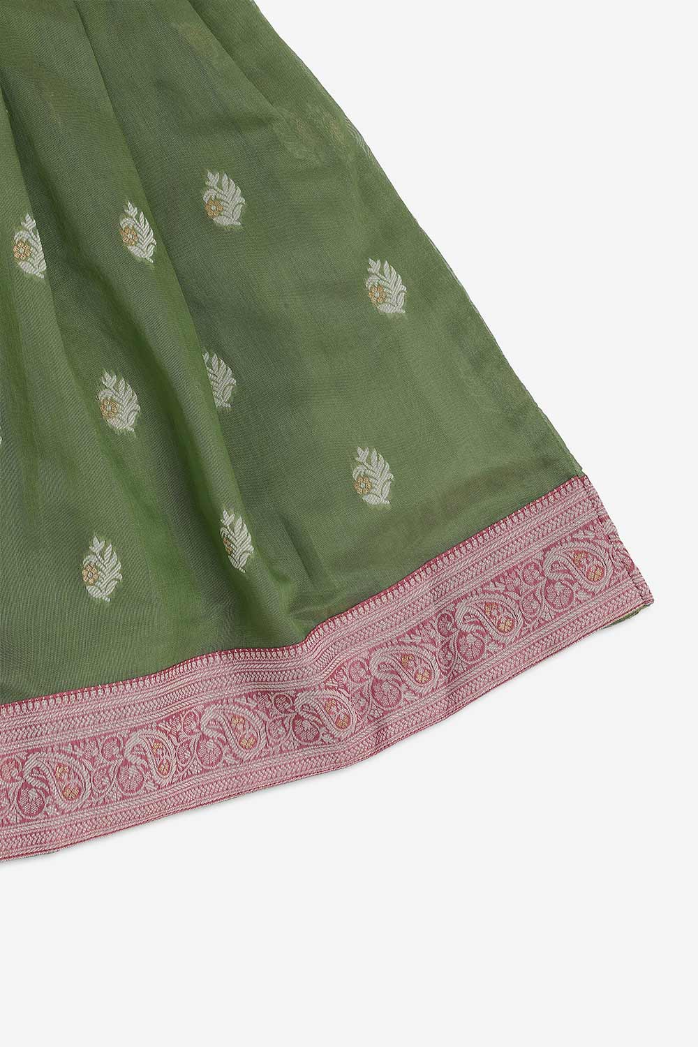Chittythalli Girls Chanderi Pavadai Set – Asymmetrical Embroidered Top with Knife Pleated Skirt | Traditional Ethnic Wear for Girls - PS11