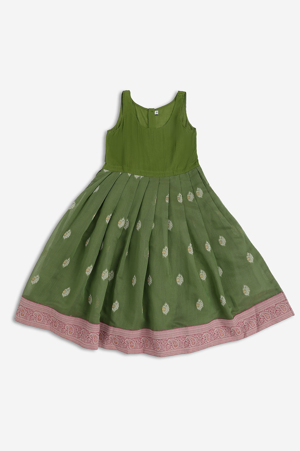 Chittythalli Girls Chanderi Pavadai Set – Asymmetrical Embroidered Top with Knife Pleated Skirt | Traditional Ethnic Wear for Girls - PS11