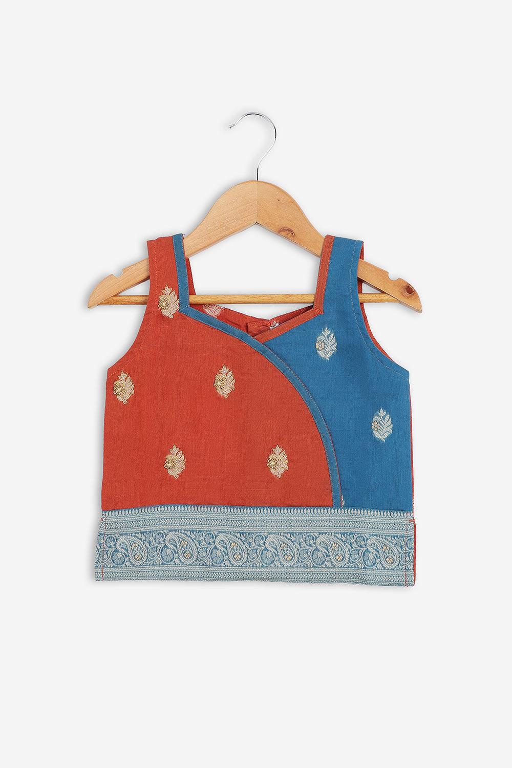 Chittythalli Girls Chanderi Pavadai Set – Asymmetrical Embroidered Top with Knife Pleated Skirt | Traditional Ethnic Wear for Girls - PS11
