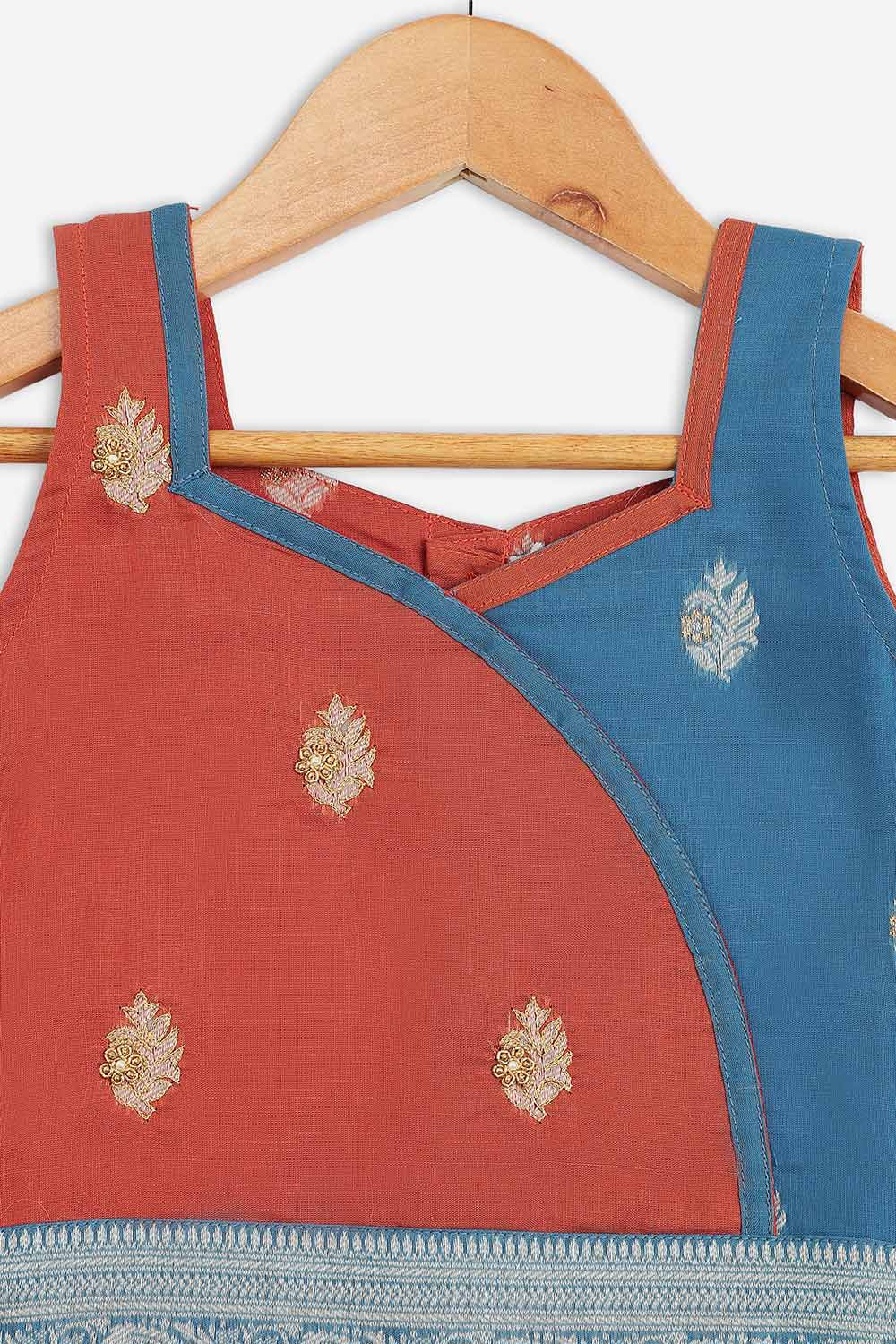 Chittythalli Girls Chanderi Pavadai Set – Asymmetrical Embroidered Top with Knife Pleated Skirt | Traditional Ethnic Wear for Girls - PS11