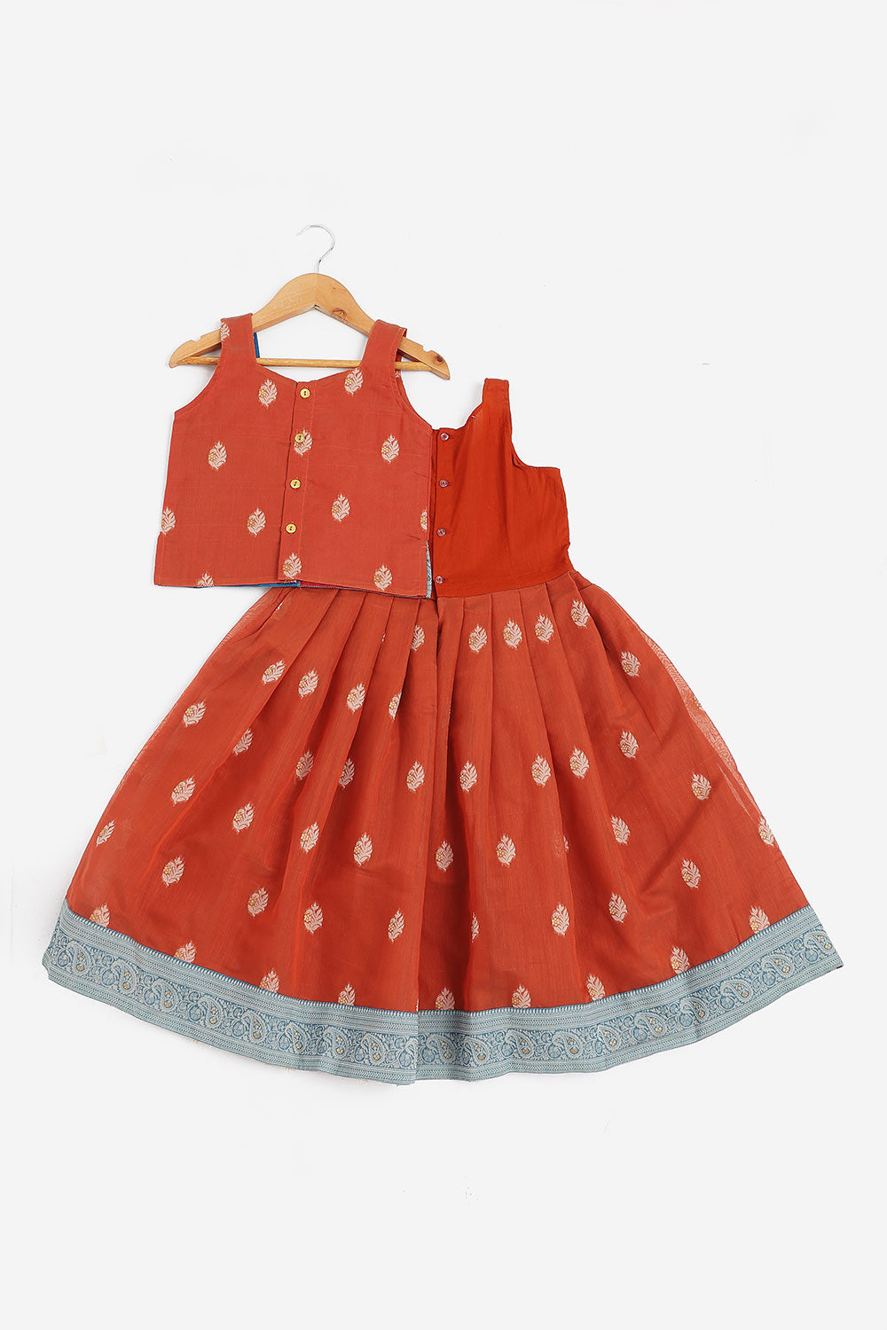Chittythalli Girls Chanderi Pavadai Set – Asymmetrical Embroidered Top with Knife Pleated Skirt | Traditional Ethnic Wear for Girls - PS11