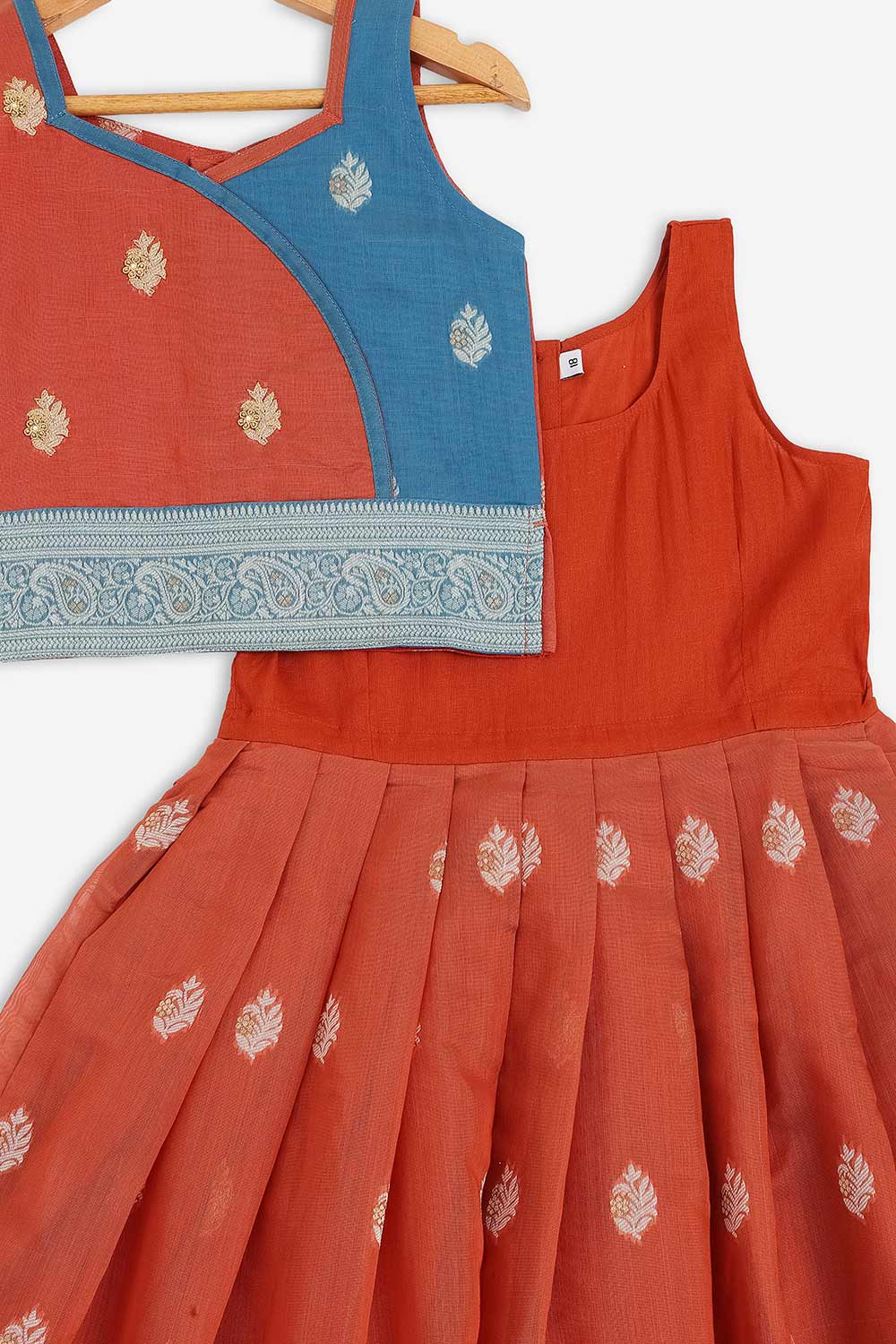 Chittythalli Girls Chanderi Pavadai Set – Asymmetrical Embroidered Top with Knife Pleated Skirt | Traditional Ethnic Wear for Girls - PS11