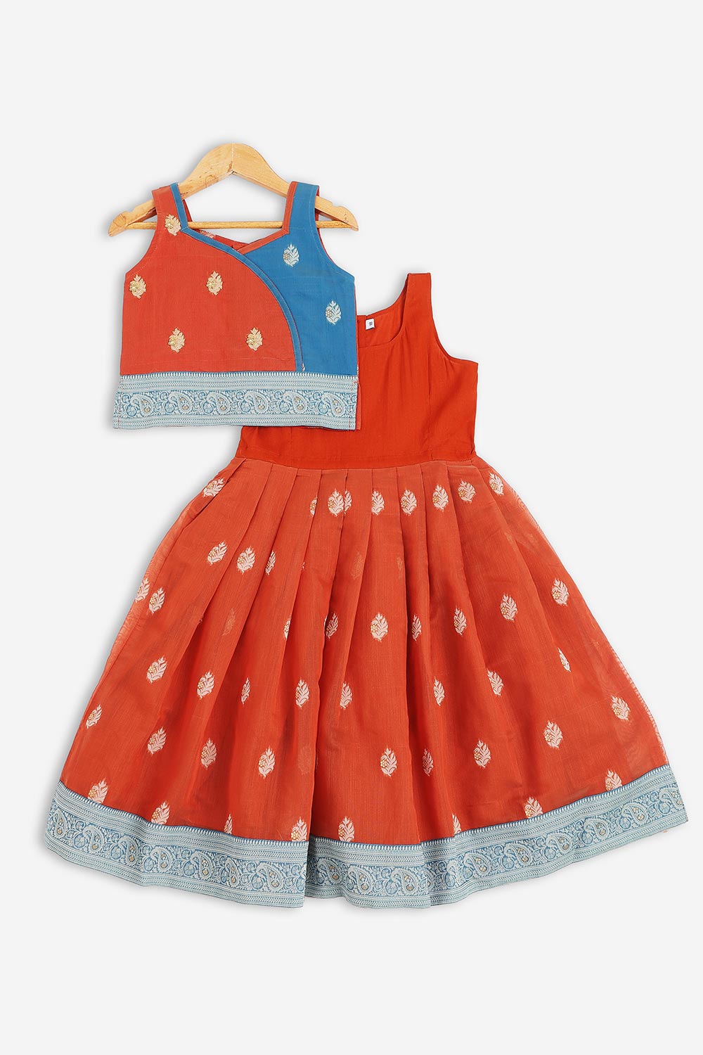 Chittythalli Girls Chanderi Pavadai Set – Asymmetrical Embroidered Top with Knife Pleated Skirt | Traditional Ethnic Wear for Girls - PS11