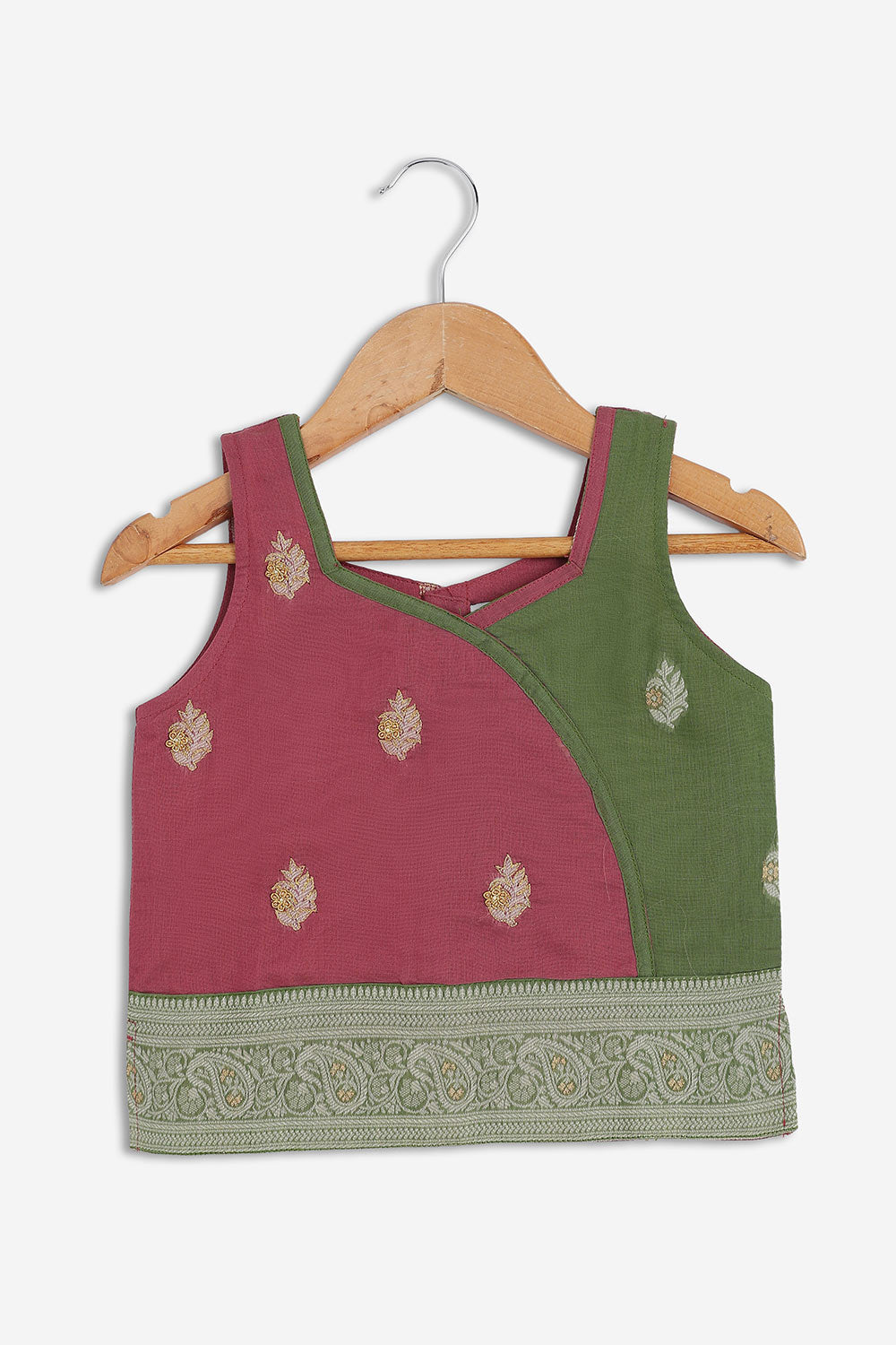 Chittythalli Girls Chanderi Pavadai Set – Asymmetrical Embroidered Top with Knife Pleated Skirt | Traditional Ethnic Wear for Girls - PS11