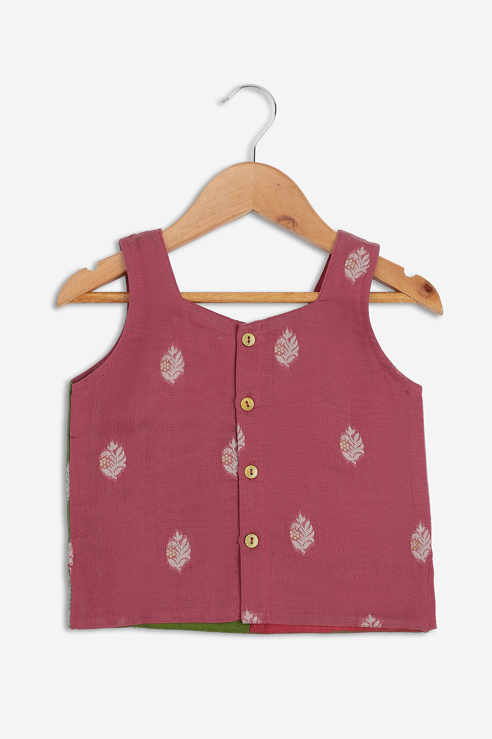 Chittythalli Girls Chanderi Pavadai Set – Asymmetrical Embroidered Top with Knife Pleated Skirt | Traditional Ethnic Wear for Girls - PS11