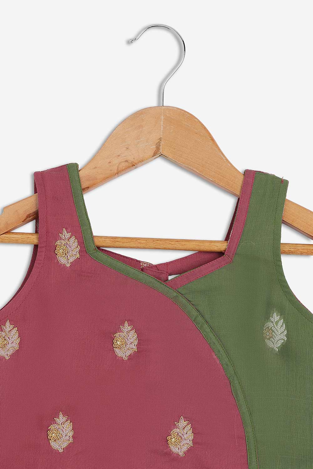 Chittythalli Girls Chanderi Pavadai Set – Asymmetrical Embroidered Top with Knife Pleated Skirt | Traditional Ethnic Wear for Girls - PS11