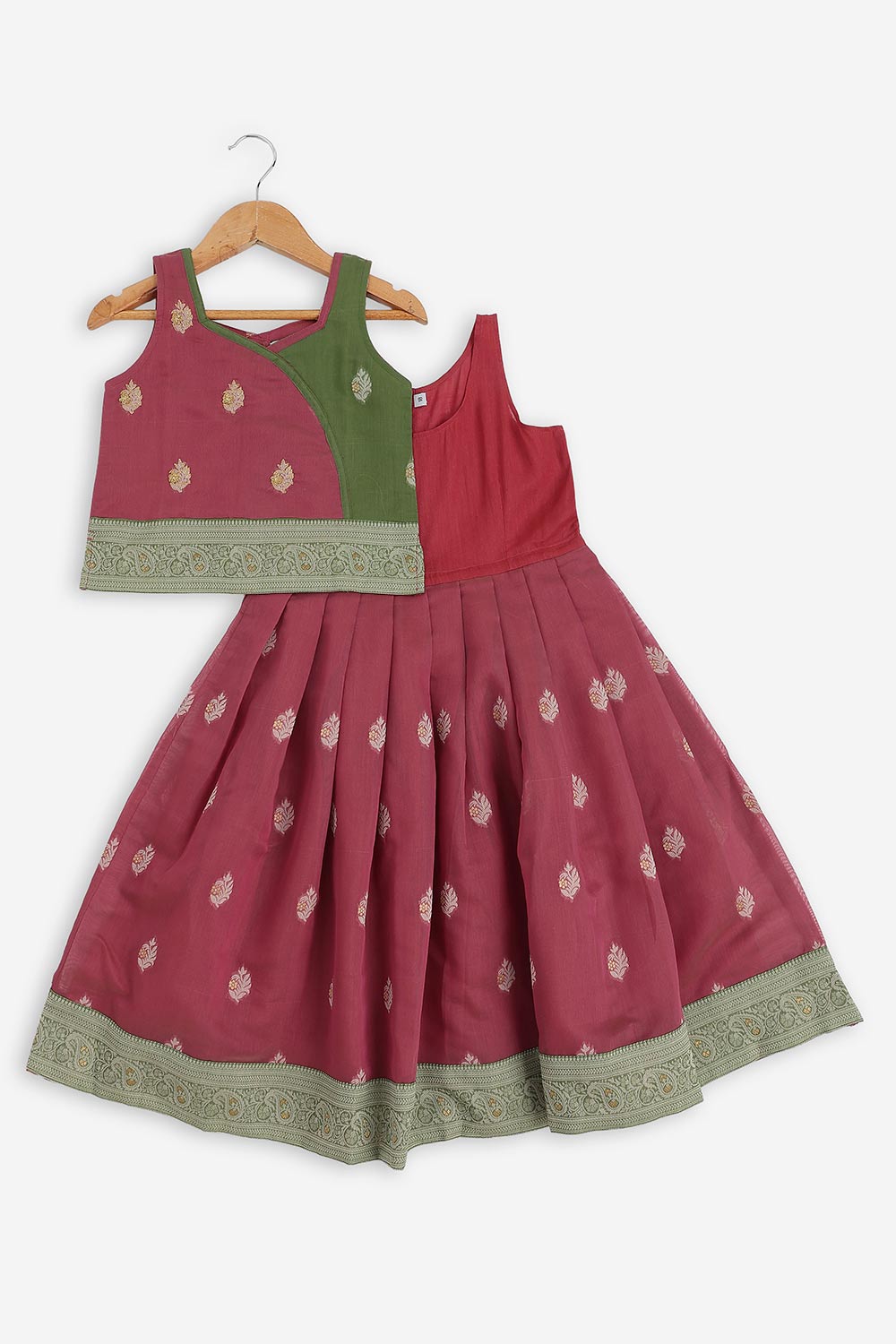 Chittythalli Girls Chanderi Pavadai Set – Asymmetrical Embroidered Top with Knife Pleated Skirt | Traditional Ethnic Wear for Girls - PS11