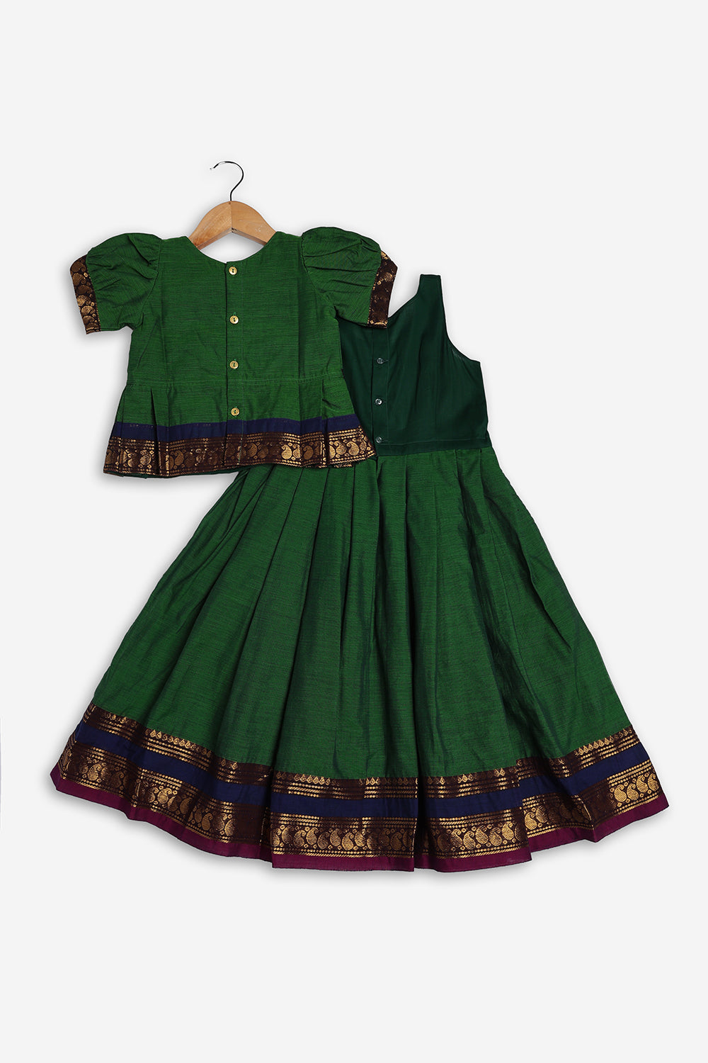 Chittythali Girls Handloom Kanchi Cotton Pavadai Set | Traditional Peplum Top & Pleated Skirt Set | Kids Ethnic Wear | Temple, Festive & Wedding Wear for Girls - PS16
