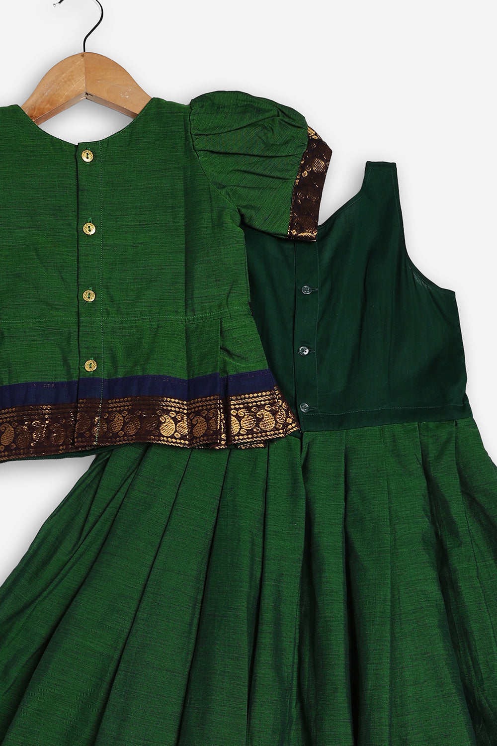 Chittythali Girls Handloom Kanchi Cotton Pavadai Set | Traditional Peplum Top & Pleated Skirt Set | Kids Ethnic Wear | Temple, Festive & Wedding Wear for Girls - PS16