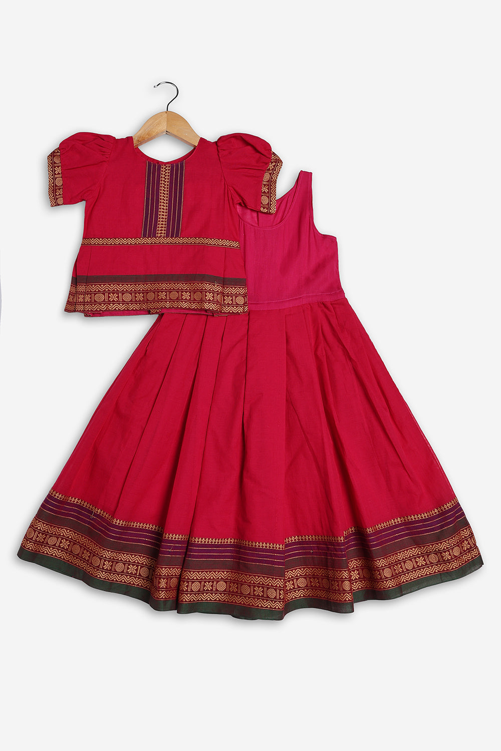 Chittythali Girls Handloom Kanchi Cotton Pavadai Set | Traditional Peplum Top & Pleated Skirt Set | Kids Ethnic Wear | Temple, Festive & Wedding Wear for Girls - PS16