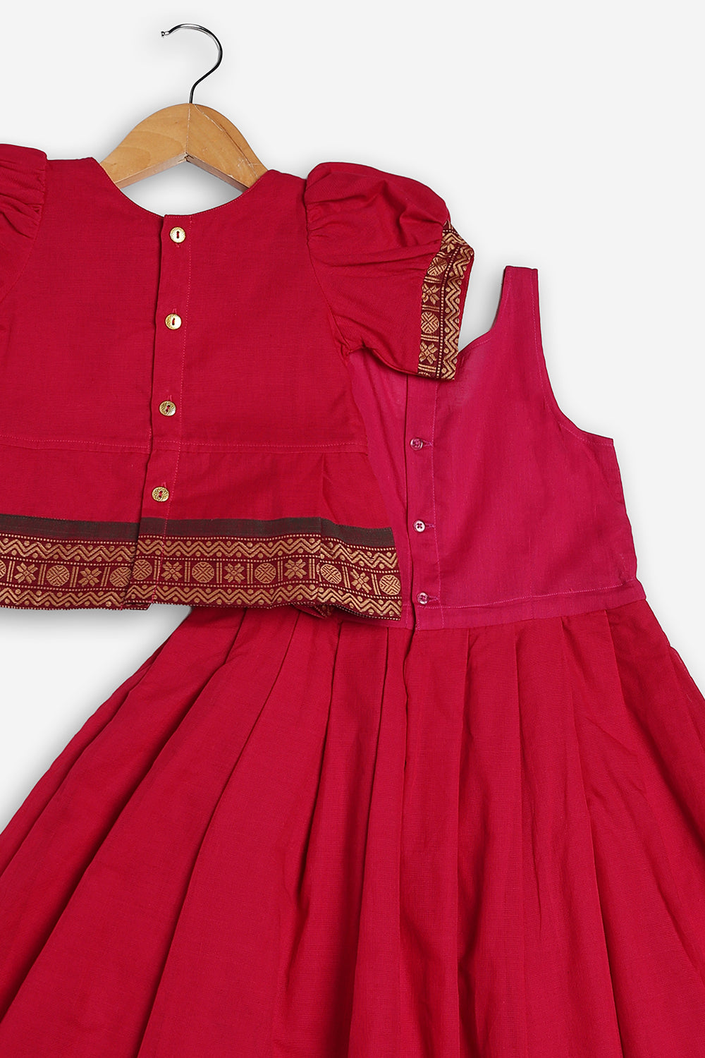 Chittythali Girls Handloom Kanchi Cotton Pavadai Set | Traditional Peplum Top & Pleated Skirt Set | Kids Ethnic Wear | Temple, Festive & Wedding Wear for Girls - PS16