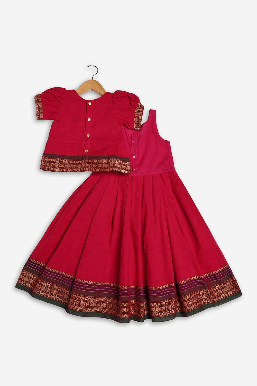 Chittythali Girls Handloom Kanchi Cotton Pavadai Set | Traditional Peplum Top & Pleated Skirt Set | Kids Ethnic Wear | Temple, Festive & Wedding Wear for Girls - PS16