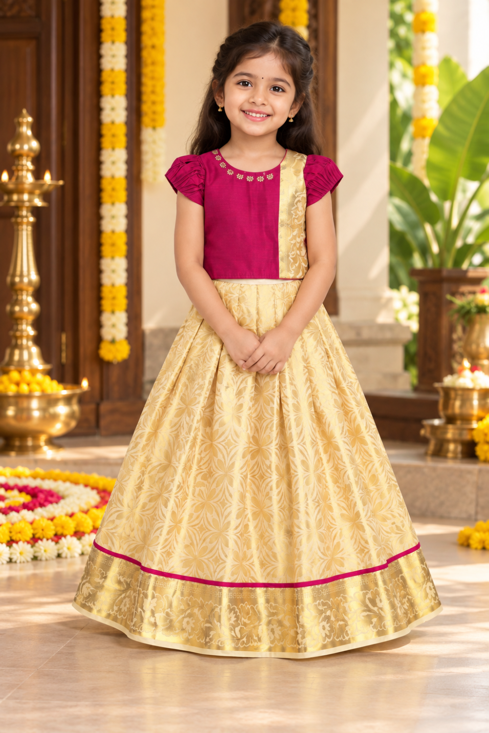 Chittythali Girls Art Silk Traditional Pavadai Set | Pintuck Sleeve Ethnic Pattu Pavadai Style Set - PS24