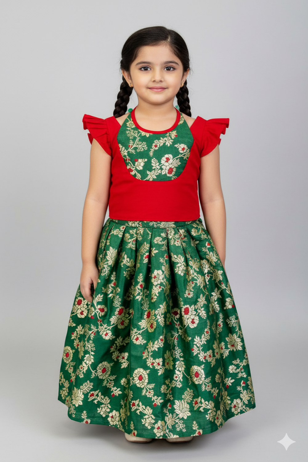 Chittythalli Girls Ethnic Pavadai Set Cold Shoulder Halter Neck Top with Pleated Skirt Brocade Festive Wear- Green - PS89