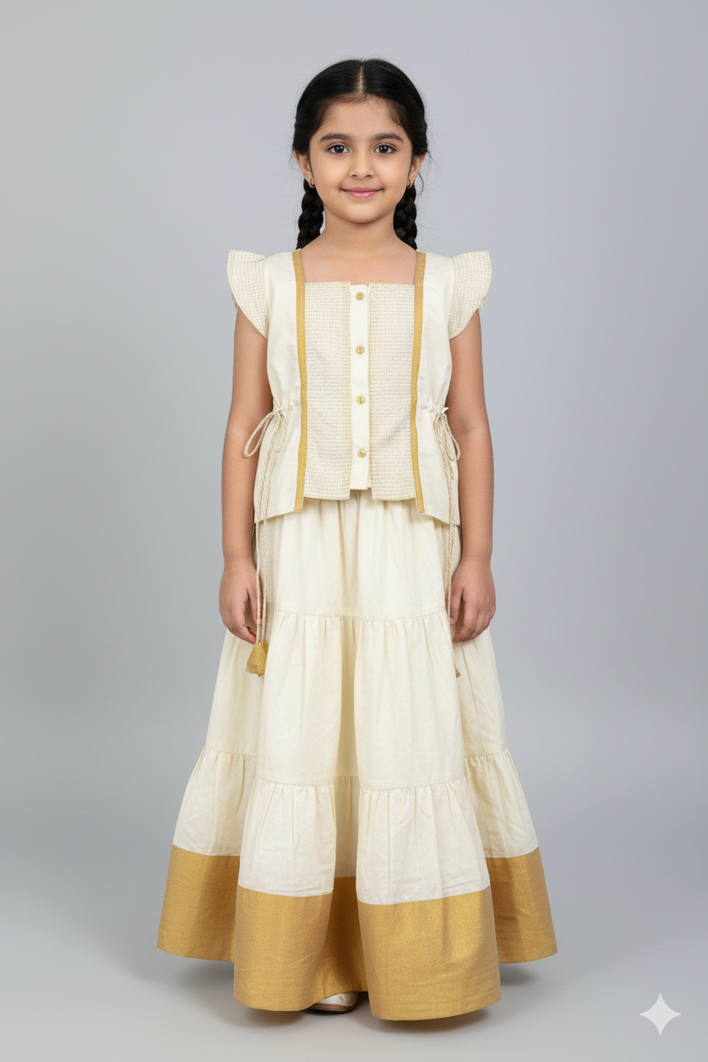 Chittythalli Girls Pavadai Set Kasavu Cotton Square Neck Top with Ruffle Sleeves and Tiered Skirt with Tassels- Off White - PS90