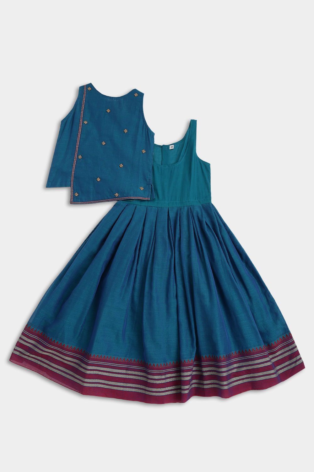 Chittythalli Girls Pavadai Set – Handloom Cotton Asymmetrical Top with Bead Embroidery & Pleated Skirt | Traditional Ethnic Wear - PS95