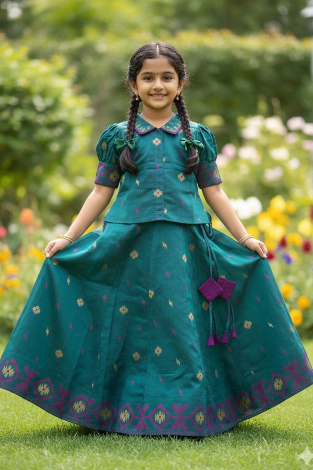 Chittythalli Girls Traditional Pavadai Set | Chanderi Collared Top with Minimal Embroidery & Contrast Piping | Chanderi Jamdhani Kali Skirt | Front Hook Open | Woven Ethnic Wear for Girls - PS97