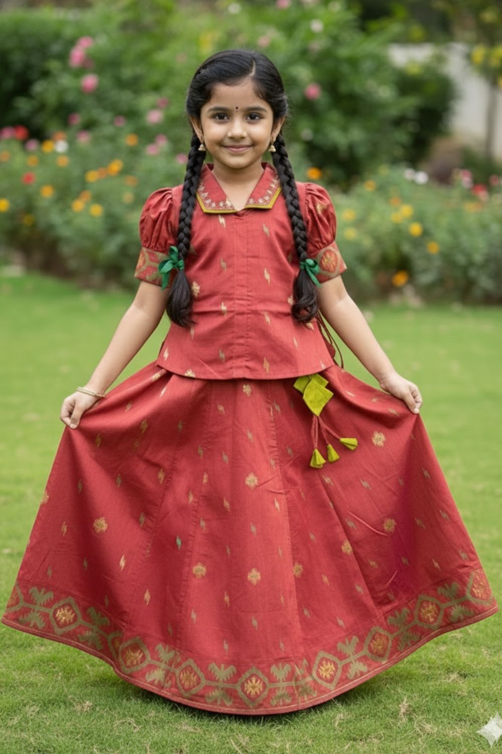 Chittythalli Girls Traditional Pavadai Set | Chanderi Collared Top with Minimal Embroidery & Contrast Piping | Chanderi Jamdhani Kali Skirt | Front Hook Open | Woven Ethnic Wear for Girls - PS97
