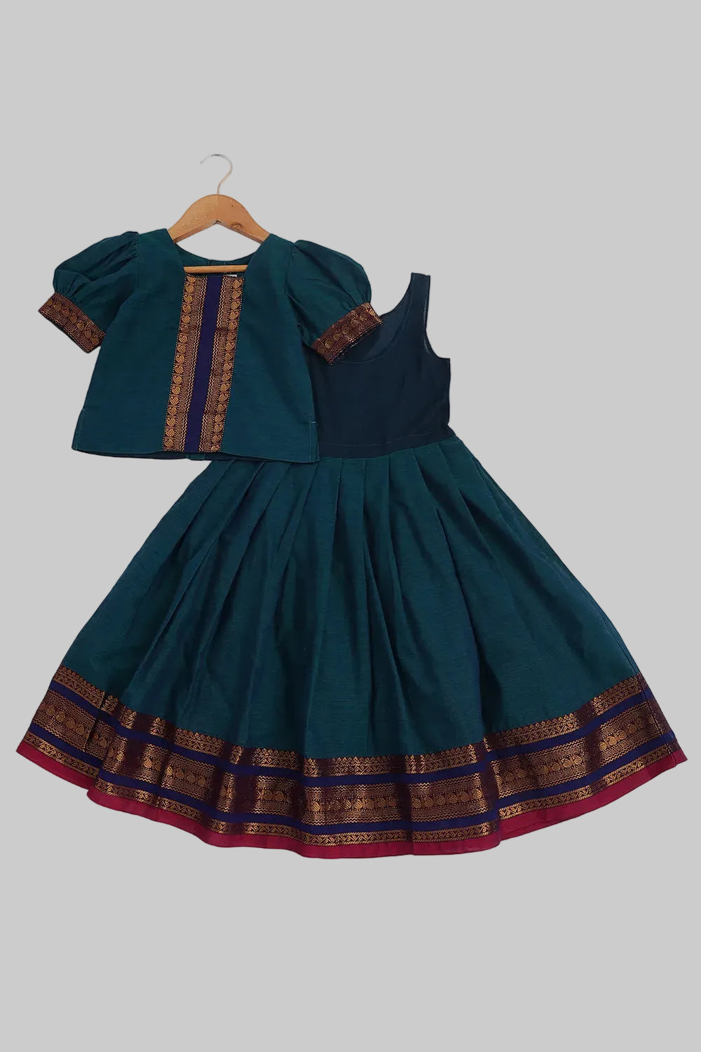 Chittythalli Girls Handloom Kanchi Cotton Pavadai Set | Traditional Cotton Ethnic Wear for Girls | Puff Sleeve Pavadai Dress with Border Patch Work - PS19