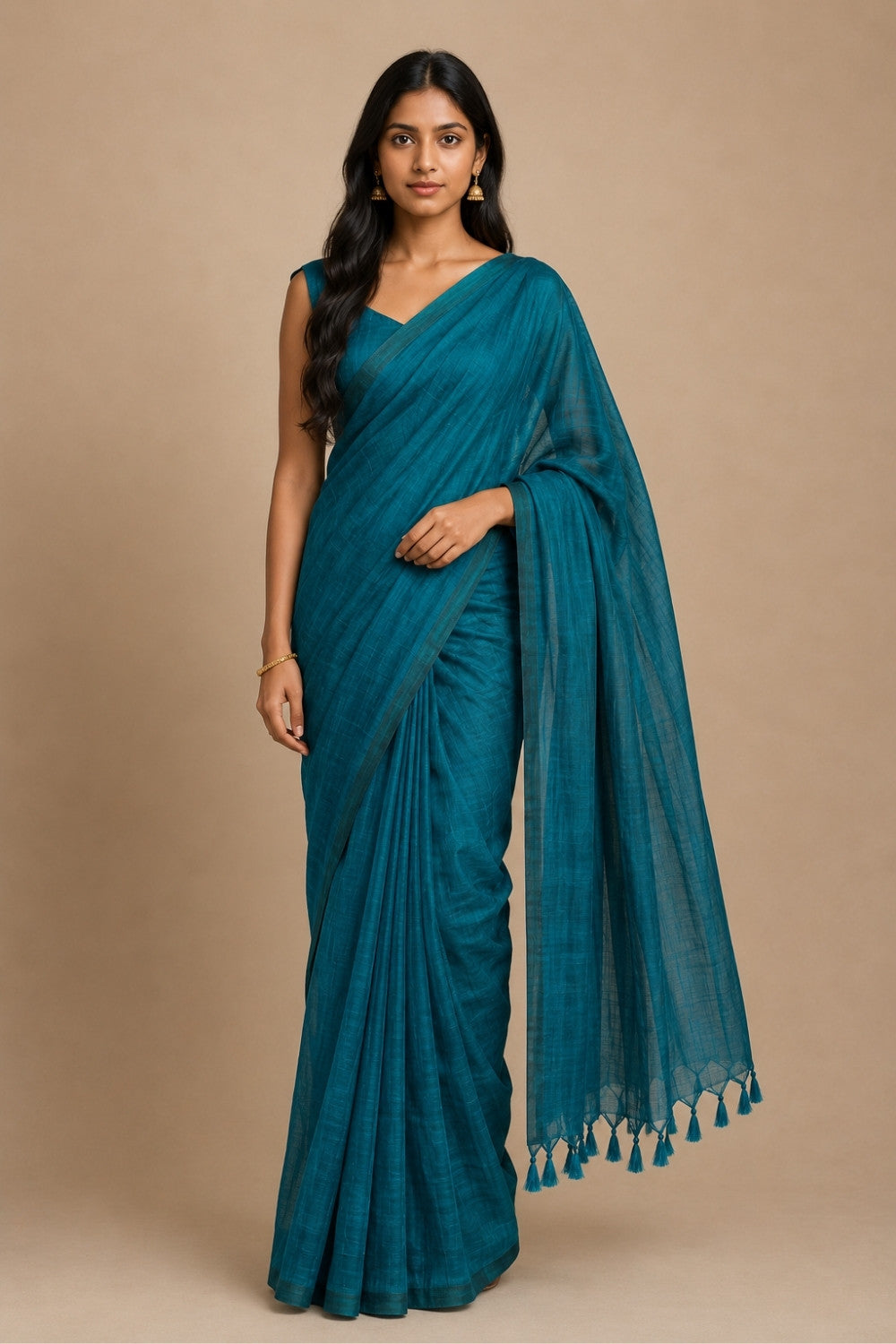Naidu Hall Women's Peacock Green Khadi Cotton Blend Solid Saree with Blouse | Lightweight Ethnic Wear Saree - G359