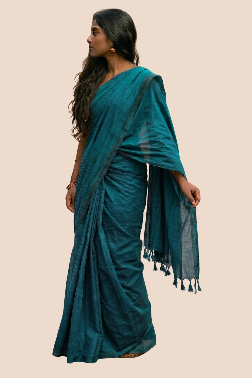 Naidu Hall Women's Peacock Green Khadi Cotton Blend Solid Saree with Blouse | Lightweight Ethnic Wear Saree - G359