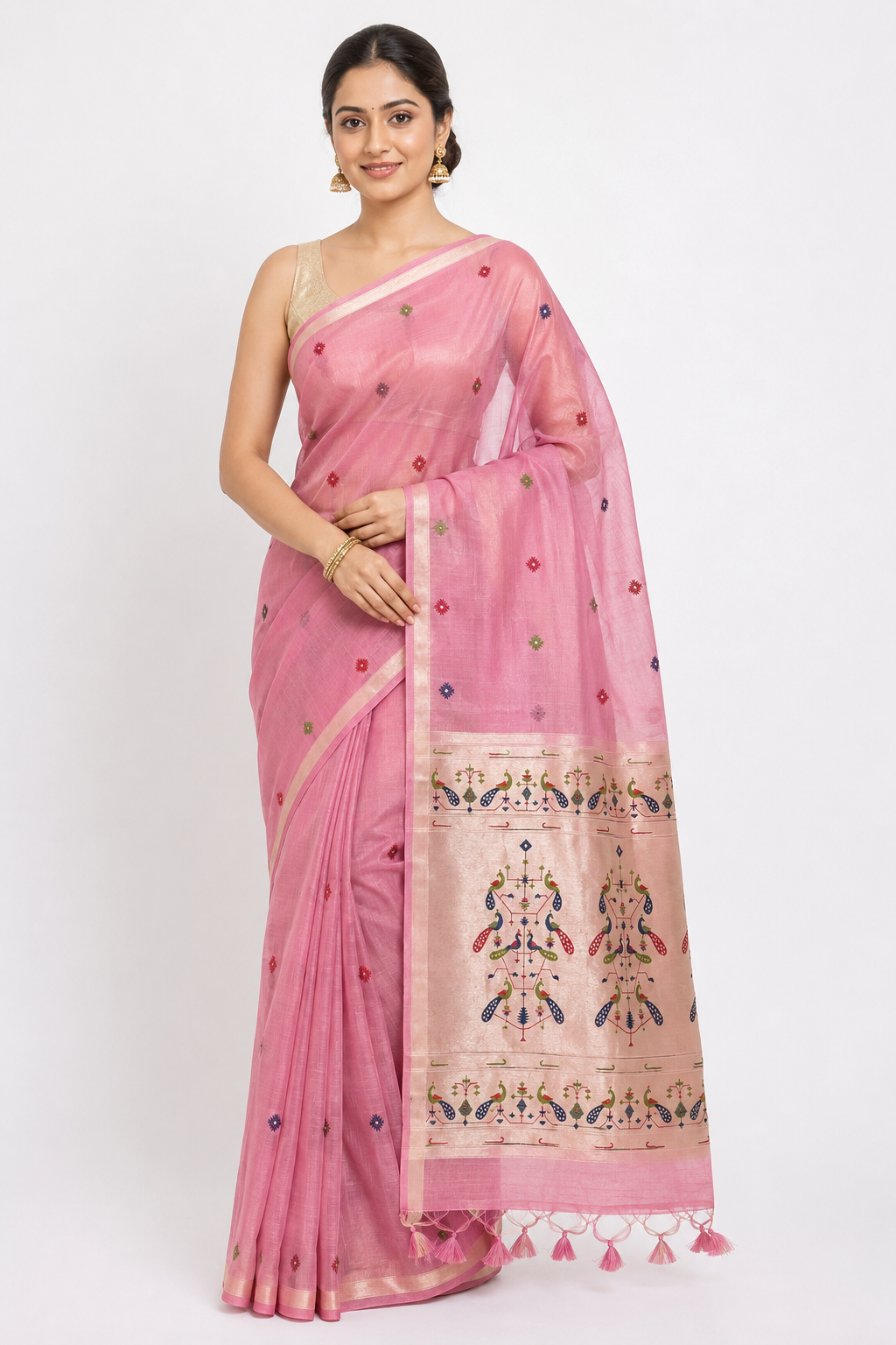 Women's Jacquard Linen Saree | Lightweight Ethnic Wear Saree for Office Wear, Daily Wear, Festive Wear, Pooja Wear, Family Gatherings - AK33